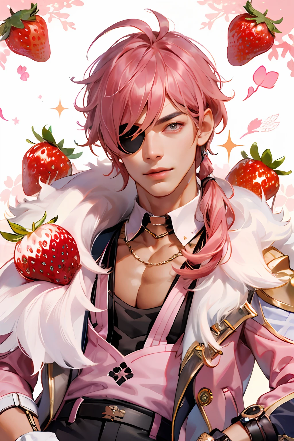 extremely delicate and beautiful, Amazing, finely detail, masterpiece, ultra-detailed, highres,best illustration, best shadow,intricate,sharp focus,  high quality, 1 male solo, mature, handsome, tall muscular guy, broad shoulders, tan skin, dark skin, pink hair. eyepatch, kaeya genshin impact, fingerless black gloves, white pink fur on a shoulder, black pants, pink open jacket, strawberries on background and foreground, strawberry theme aesthetic, pink fractals background