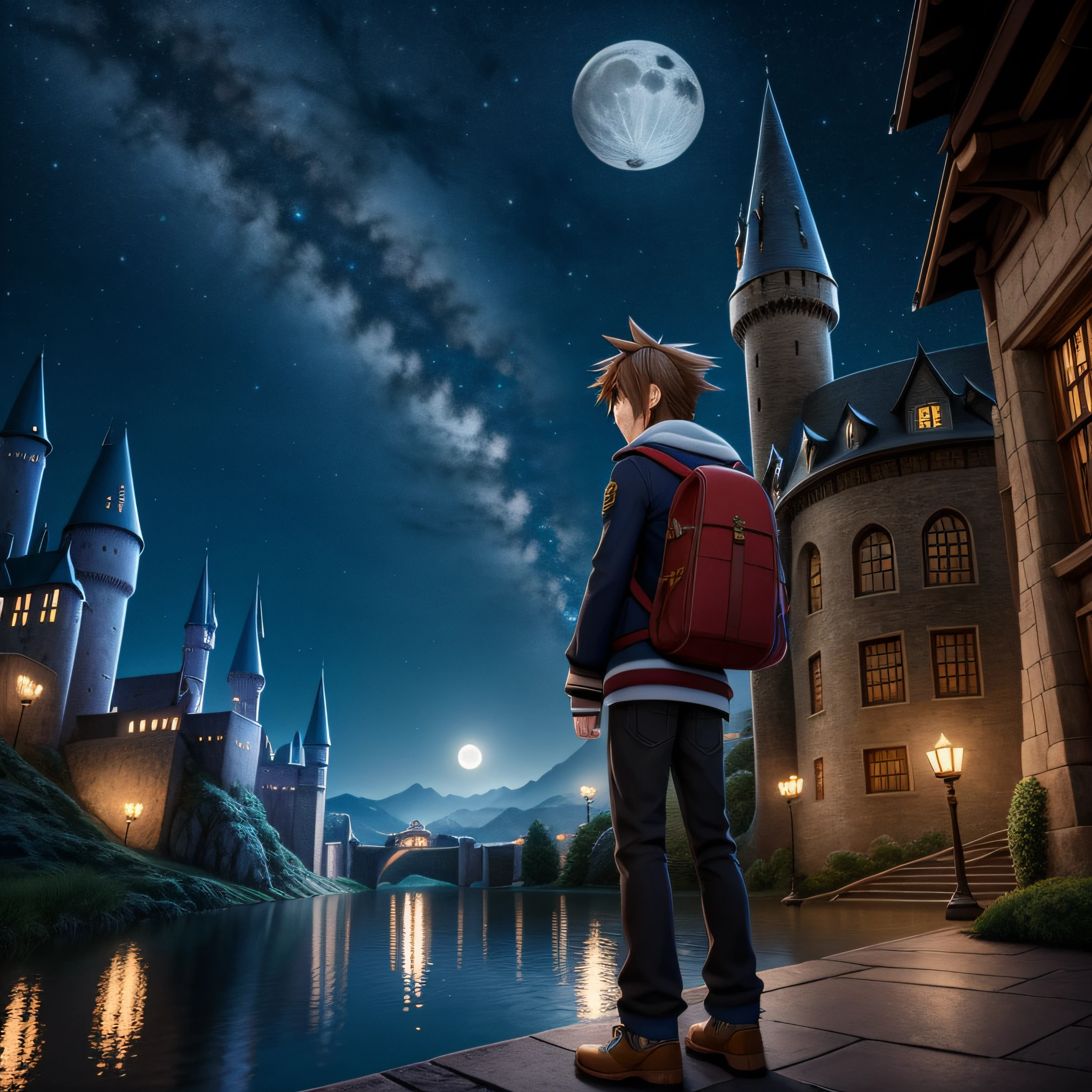 1 menino, Sora(kh), parado em uma colina em frente a Hogwarts, "período noturno", "lua Branca:1.5". detalhe intrincado, altamente detalhado, arte de Nomura Tetsuya, 8K