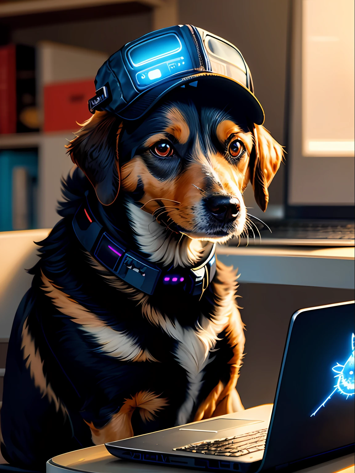 a beautiful portrait of a cute cyberpunk dog by sandra chevrier and greg rutkowski and wlop, sitting near laptop, ((cap on head)), programming, background office