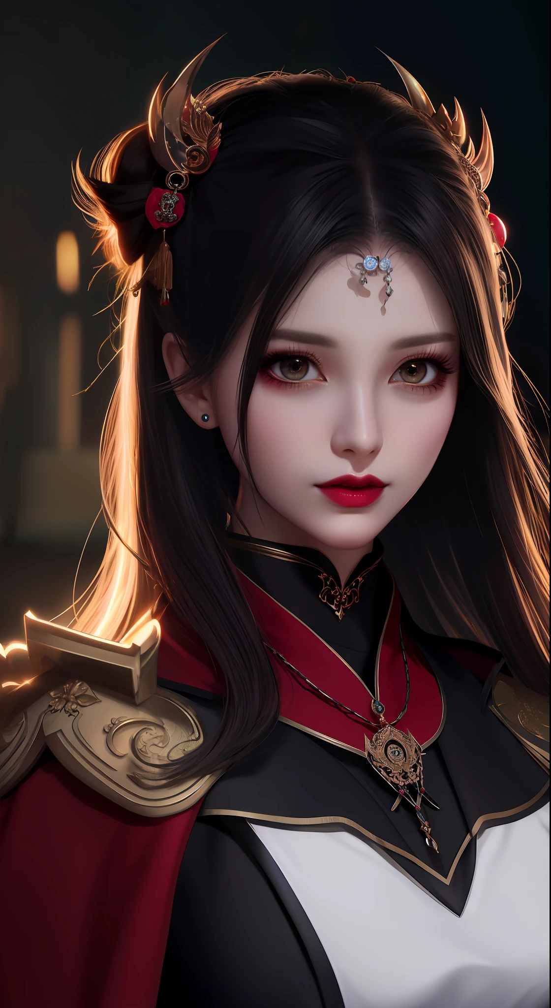 best quality, masterpiece, highres, 1girl, hanfu, white and even teeth, chinese underwear, hair ornaments, necklace, jewelry, crown jewelry. Pretty face, upper body, magic import style, tyndall effect, photorealistic, dark studio, border light, two tone light, (high detail skin: 1.2), 8k uhd, dslr, soft light, high quality, volumetric light, candid, Photo, high resolution, 4k, 8k, Bokeh, (light pink lips), 1 beautiful demon from hell, In the Dark: 1.6), surreal female portraits by David Hockney and Alphonse Mucha, fantasy art, photorealism, dynamic lighting, station art, posters, volumetric lighting, highly detailed faces, super 8k, Awarded, in the dark, deep shadow, low light, cowboy lens, (Red phoenix dress: 1.4), long hair, black hair, bust, palace luxury, Royal style, crown devil, red eyes with very sharp and detailed makeup, Best face, Very big and round and round breasts, Surreal, chinese women's clothes, turtleneck polo shirt, charming smile, Beautiful eyes makeup, guweiz, devil style, black mesh stockings, ponytail with a bow at the back, dark red lips, Devil tattoo on shoulder, wearing a thin red and black shirt , cape, overcast and thundering landscape, (Portrait), Protagonist Close-up, (Background detail 1.8),