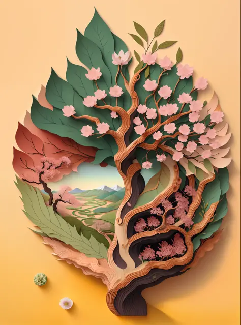 A natural and organic depiction of an ancient cherry blossom tree, featuring earth tones and botanical motifs representing her connection to nature and the environment, influenced by botanical illustrations or environmental art, created by artists such as ...