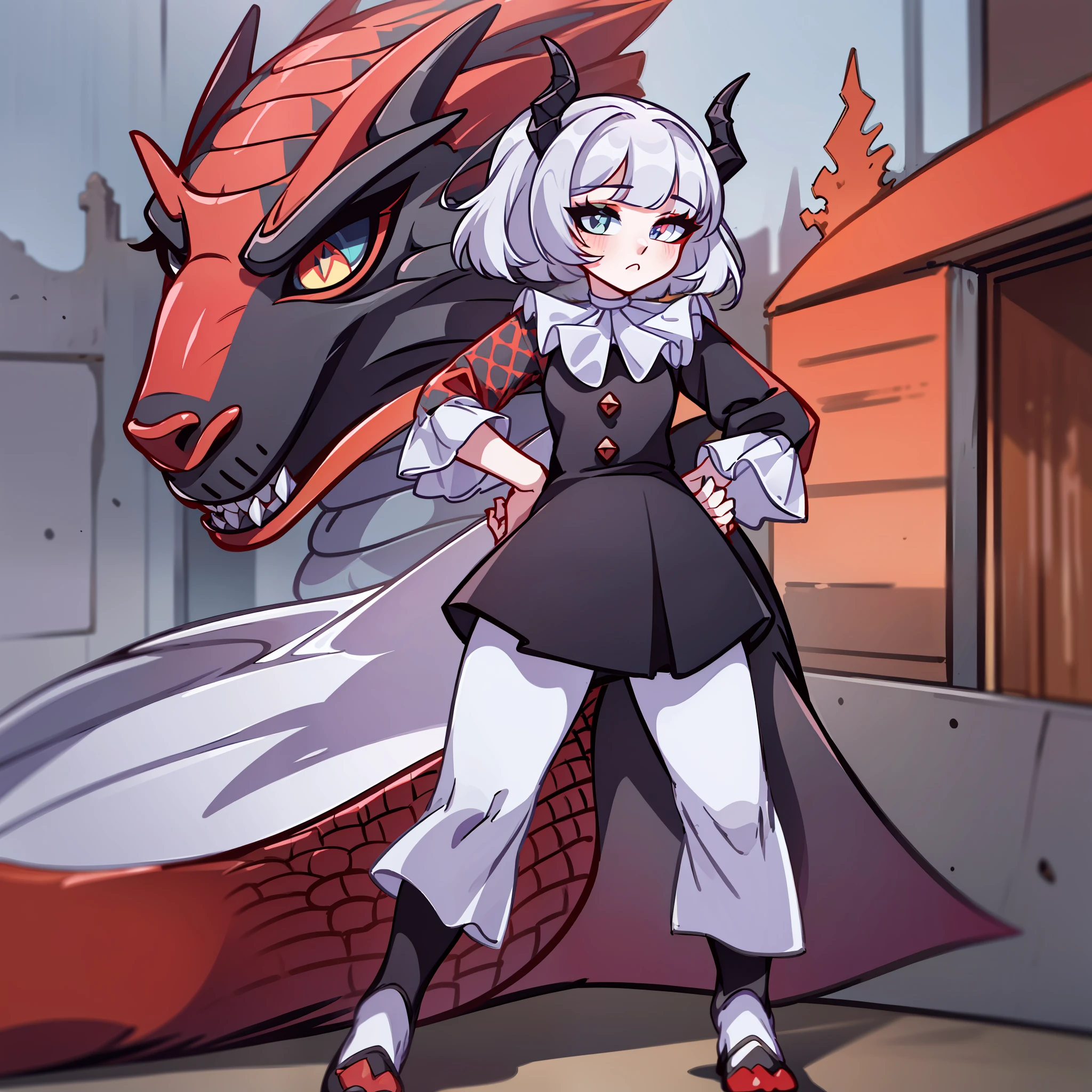 (Best quality: 1.0), (super high res: 1.0), extremely detailed character, detailed Hands, half-dragon girl, horns, scales on the neck, scales on the shoulders, scales on the forearm, scales on the cheek, girl with dragon's tail, dragon's tail, extremely detailed hair, short hair, ((white hair)), ((black locks)), extremely detailed eyes, eye with different colors, heterochromia, white right eye and the left being black,  dragon eyes, 2d, anime art, ((child)), ((full body)), standing, medieval, rpg, small, cute