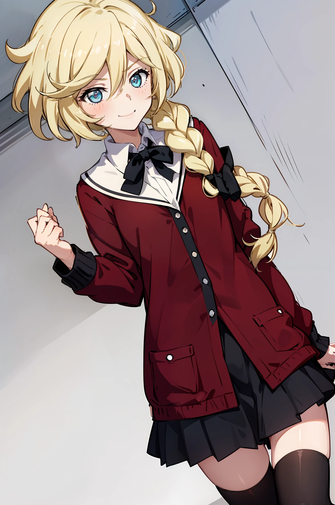 1 girl, blonde, carol, symphonia, uniform, long hair, five fingers, smile, high quality, high quality, black neeso, complex hairstyle