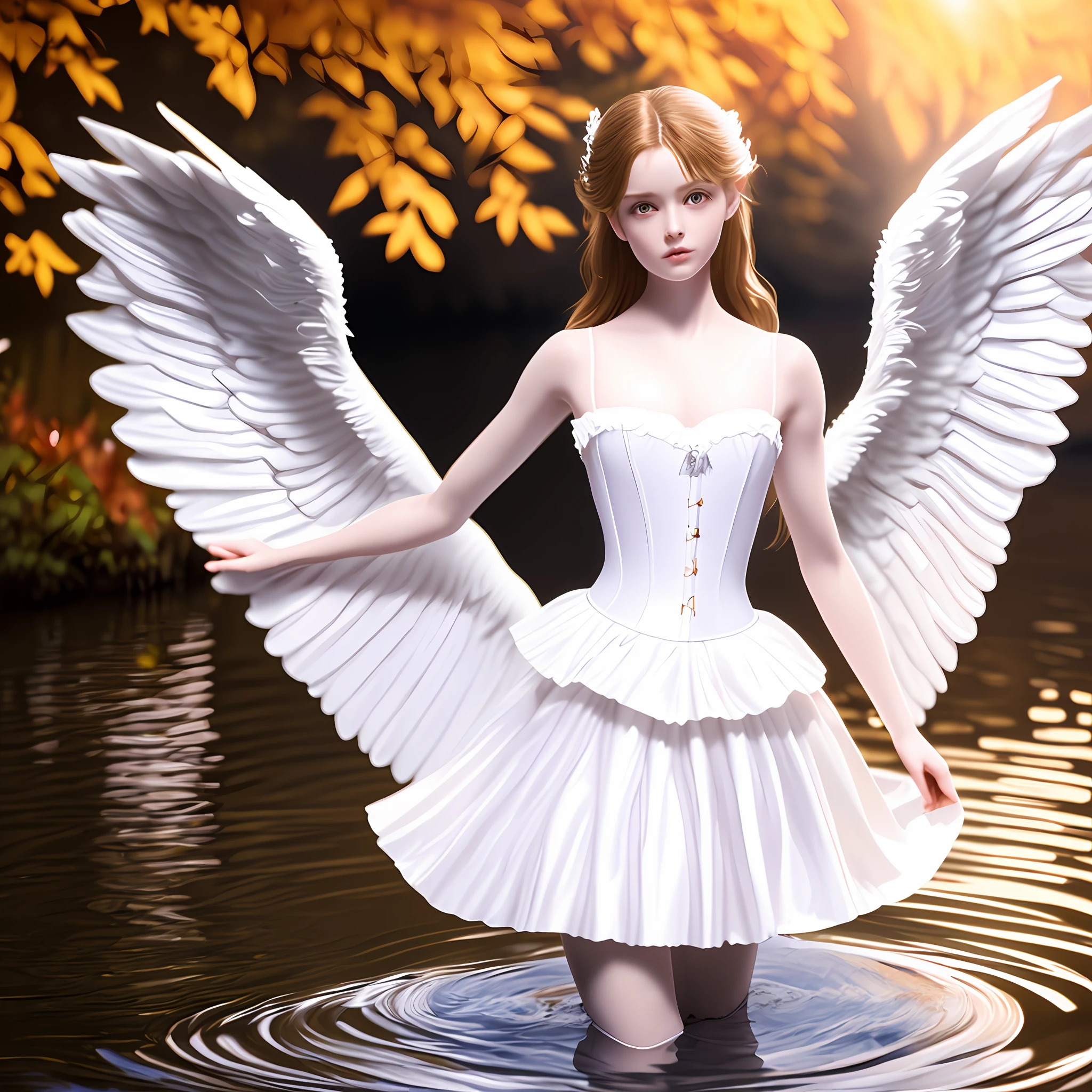 (8k, RAW photo, best quality, ultra detailed CG ,unity 8k wallpaper,masterpiece:1.2), a girl, 3d, ultra beautiful detailed eyes, Precise iris depiction,ultra-detailed, photo (Fall Angel style: 1) Digital painting of a white silk corset and a ballerina skirt standing in the water (Charming Angel: 1)