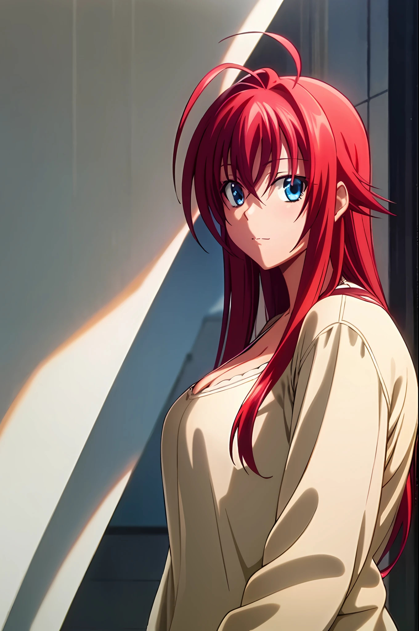 masterpiece, best quality, 1girl, long hair, looking at viewer, :3, cute, outdoors, streets, cowboy shot, large breasts, curvy, (((blue eyes))),  rias gremory, red hair, antenna hair,  wavy hair, ((beautiful detailed eyes, beautiful detailed glow, lots of glow)),