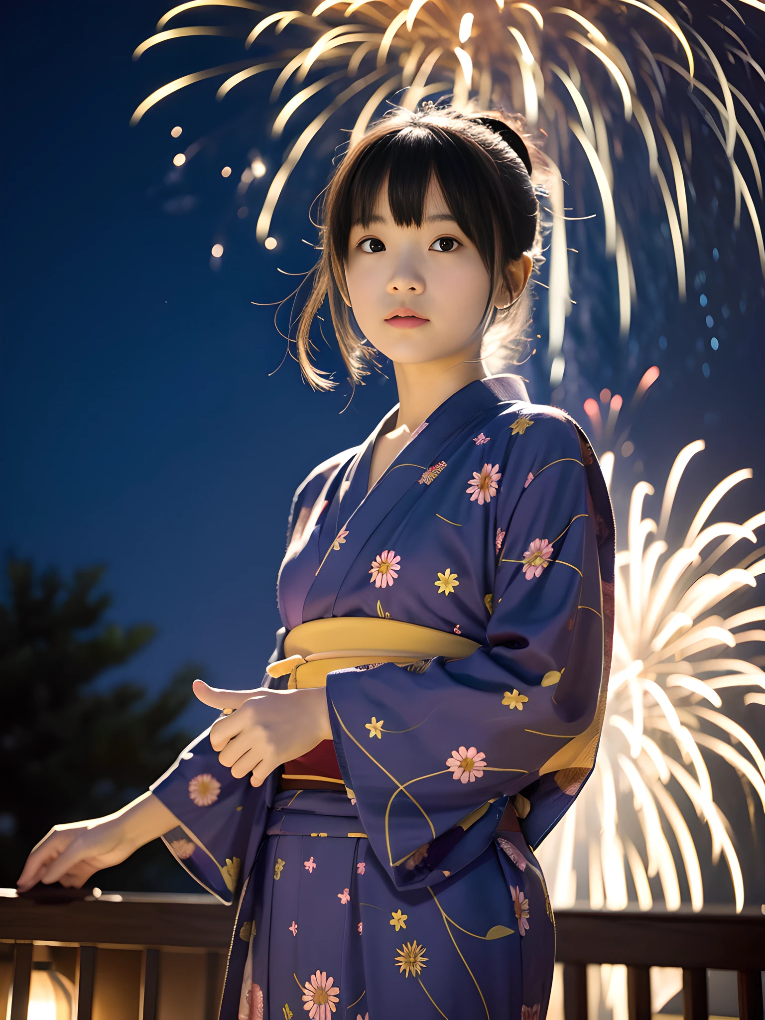 Menina japonesa de 12 anos em yukata, mãos habilidosas, franja, 4K, alta resolução, Obra de arte, qualidade máxima, (Foto Hasselblad)), Pele fina, foco nitído, iluminação suave, [:( rosto detalhado: 1.2):0.2], (padrão delicado yukata: 1.3), lindo pescoço, fogos de artifício, fundo complexo, noite market, noite, (Muito detalhado: 1.2), (fogos de artifício launched into the noite sky: 1.3)