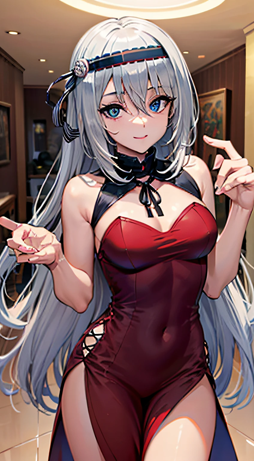 (masterpiece), (best quality), highres, kei1, 1girl, solo, blue eyes, long hair, (wears a red Venezuelan gala dress), ribbon, bangs, collarbone, (gray hair), black hair band, neck ribbon, hair between eyes, medium breasts, cowboy shot, smile, (anatomically correct full body), this inside a Venezuelan house, detailed full escenario