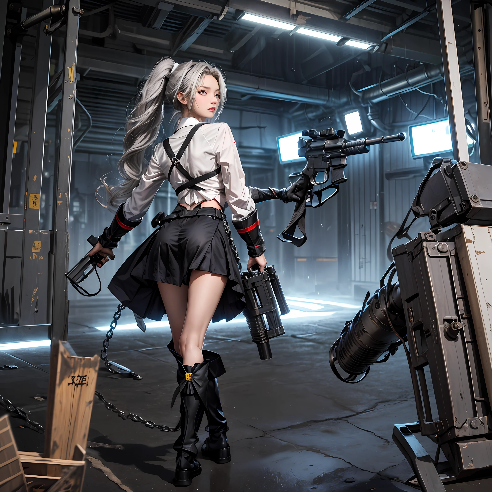 Girl, dwarf, big head, (gray hair), red headdress, (double ponytail), blue bow headdress, gray pupils, white shirt with open collar, black reactive armor skirt, full body covered with sci-fi style mechanical power exoskeleton skeleton, back ammunition box, chain connected machine gun, double hand-held 6-barreled revolver machine gun, suspended in mid-air, legs slightly bent, war rags, bullets rain