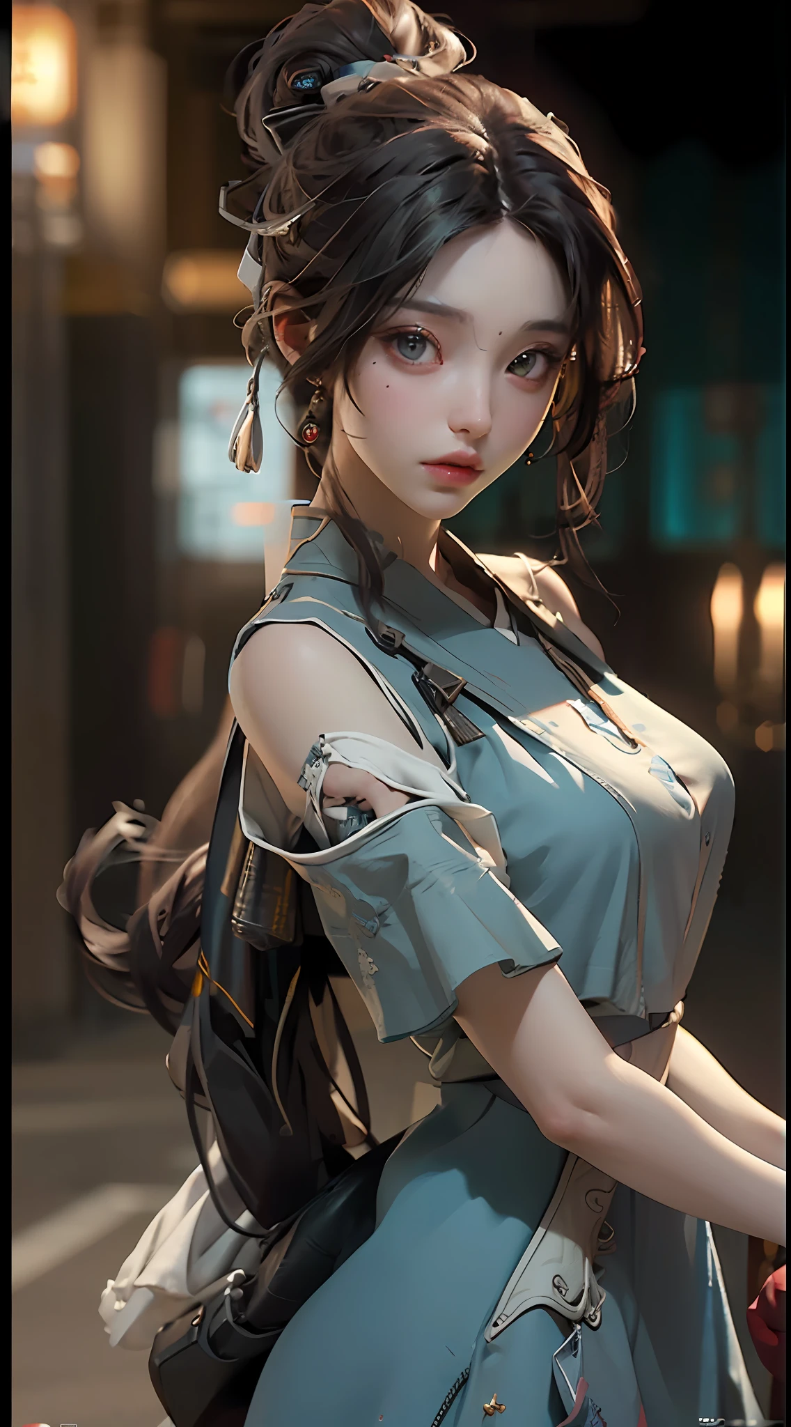 ((Best quality)), ((masterpiece)), (detailed:1.4), 3D, an image of a beautiful cyberpunk female,HDR (High Dynamic Range),Ray Tracing,NVIDIA RTX,Super-Resolution,Unreal 5,Subsurface scattering,PBR Texturing,Post-processing,Anisotropic Filtering,Depth-of-field,Maximum clarity and sharpness,Multi-layered textures,Albedo and Specular maps,Surface shading,Accurate simulation of light-material interaction,Perfect proportions,Octane Render,Two-tone lighting,Wide aperture,Low ISO,White balance,Rule of thirds,8K RAW,