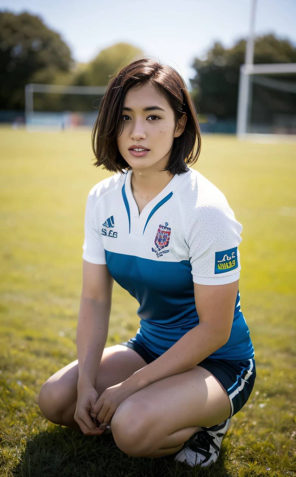 Mulher arafa sentada no chão com uniforme de futebol - SeaArt AI