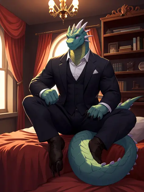 Dragon, blue, smoky purple pupils, scaly, claws on head, looking at the audience, handsome model, suit, western chandelier, neutral light, bedroom, front view, sitting, sundries, bed, shelf, big tail