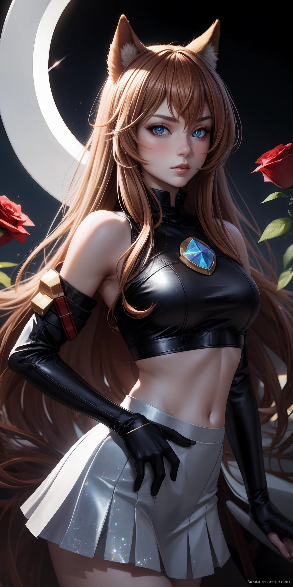 realistic, 1girl, Raphtalia ,anime The Resing of Them Shield Hero,holographic hair, heterochromic eyes, bright eyes, holo crop top, holo skirt, split lips, blush, night, white roses, pastels, glitter