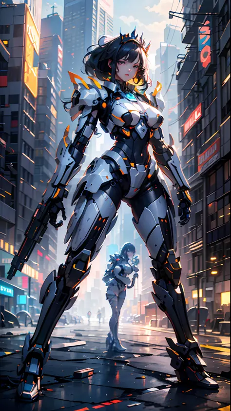 (Best Quality)), ((Masterpiece)), (Very Detailed: 1.3), 3D, Icaru valkirie-mecha, Beautiful cyberpunk woman wearing crown, with ...