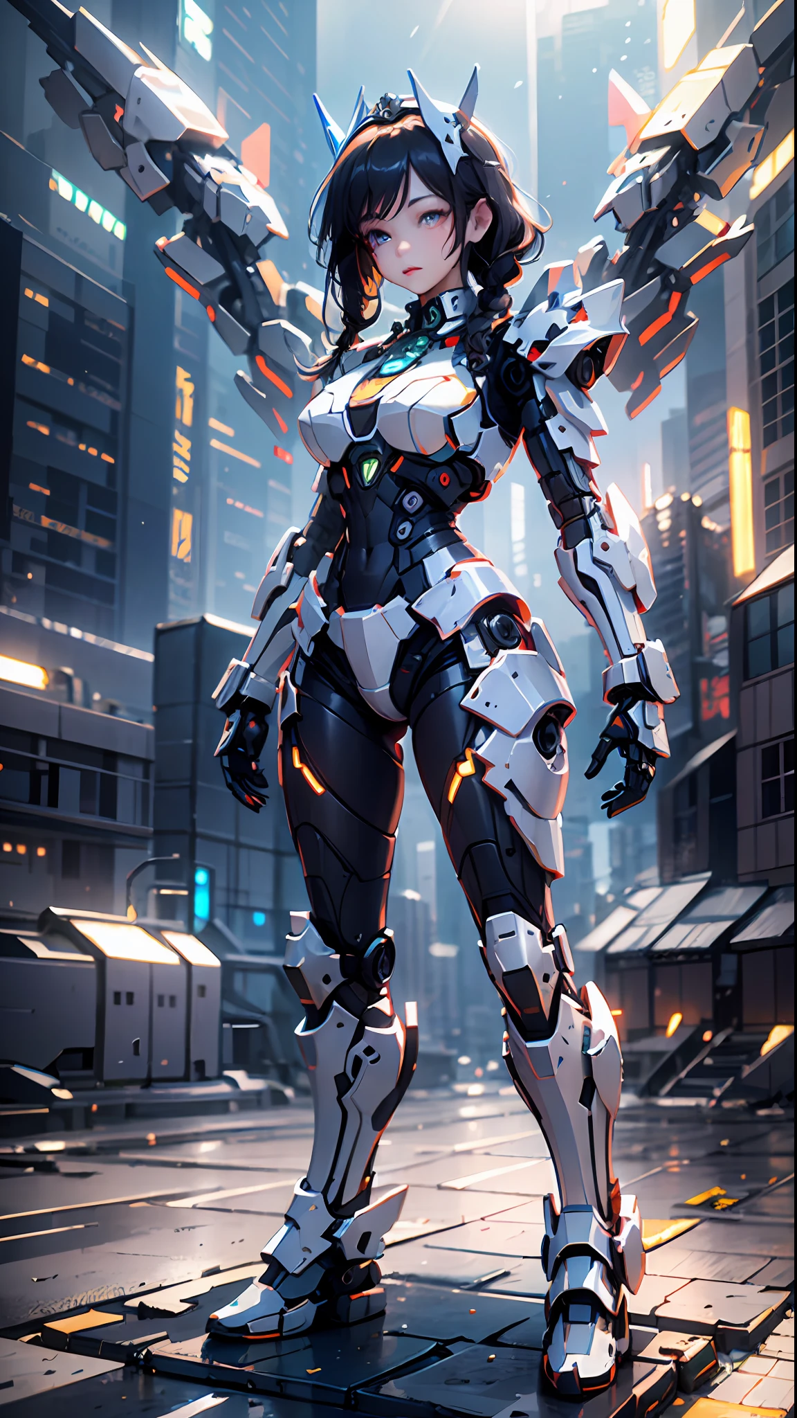 (Best Quality)), ((Masterpiece)), (Very Detailed: 1.3), 3D, Icaru valkirie-mecha, Beautiful cyberpunk woman wearing crown, with master chef style armor, sci-fi technology, HDR (High Dynamic Range), ray tracing, nvidia RTX, super resolution, unreal 5, subsurface scattering, PBR texture, post-processing, anisotropic filtering, depth of field, maximum sharpness and sharpness, multi-layer texture, Specular and albedo mapping, surface shading,  accurate simulation of light-material interactions, perfect proportions, octane rendering, duotone lighting, low ISO, white balance, rule of thirds, wide aperture, 8K RAW, high efficiency subpixels, subpixel convolution, light particles, light scattering, Tyndall effect, very sexy, full body, battle pose, black hair with braids,