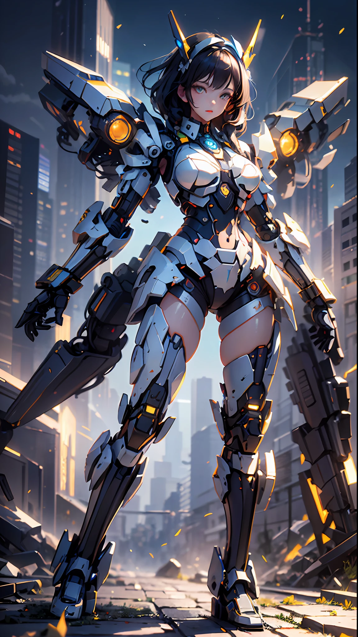 (Best Quality)), ((Masterpiece)), (Very Detailed: 1.3), 3D, Icaru valkirie-mecha, Beautiful cyberpunk woman wearing crown, with master chef style armor, sci-fi technology, HDR (High Dynamic Range), ray tracing, nvidia RTX, super resolution, unreal 5, subsurface scattering, PBR texture, post-processing, anisotropic filtering, depth of field, maximum sharpness and sharpness, multi-layer texture, Specular and albedo mapping, surface shading,  accurate simulation of light-material interactions, perfect proportions, octane rendering, duotone lighting, low ISO, white balance, rule of thirds, wide aperture, 8K RAW, high efficiency subpixels, subpixel convolution, light particles, light scattering, Tyndall effect, very sexy, full body, battle pose, black hair with braids,