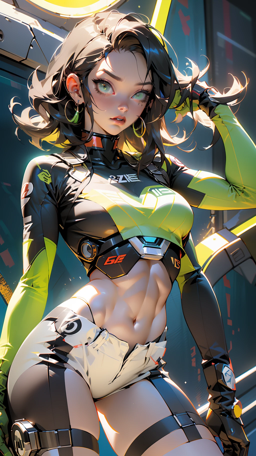 ((Best quality)), ((masterpiece)), (detailed: 1.4), (Absurd), Caucasian woman fighter pilot ready for war, perfect body, Lara Croft, defined muscles, half thick naked thighs, closed mouth, only in panties, muscular body covered by technological clothing, Neon Genesis Evangelion style, cyberpunk, generous neckline, (((perfect large breasts)), (green eyes), (((short straight hair))), (thin stripes covering breasts),  (Yakuza tattoo on the arms), short underwear, garter belt, by mucha, niji --V5, close to real, psychopathic, crazy face, sexy pose, background with a giant Gundam-style robot head, 2 piece clothing, pointed shoulder pads, pastel, centered, scale to fit dimensions, HDR (High Dynamic Range),Ray Tracing,NVIDIA RTX,Super-Resolution,Unreal 5,Subsurface dispersion,  PBR Texture, Post-processing, Anisotropic filtering, Depth of field, Maximum clarity and sharpness, Multilayer textures, Albedo and specular maps, Surface shading, Accurate simulation of light-material interaction, Perfect proportions, Octane Render, Two-tone lighting, Wide aperture, Low ISO, White balance, Rule of thirds, 8K RAW