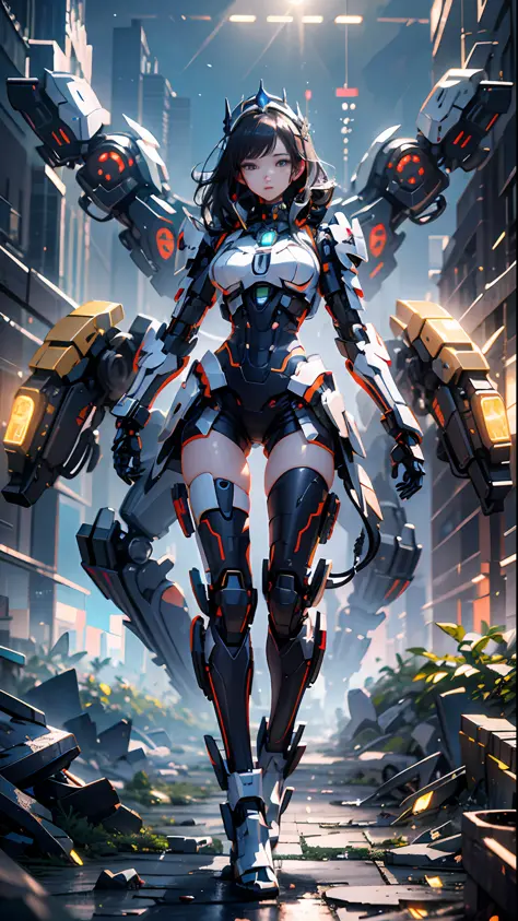 (Best Quality)), ((Masterpiece)), (Very Detailed: 1.3), 3D, Icaru valkirie-mecha, Beautiful cyberpunk woman wearing crown, with master chef style armor, sci-fi technology, HDR (High Dynamic Range), ray tracing, nvidia RTX, super resolution, unreal 5, subsu...