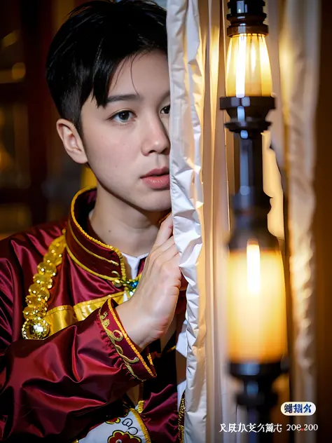 (1chinese man: 1.5), an 18-year-old man wearing tibetan costumes, holding a prayer tube in his hand, handsome face, tibetan cost...