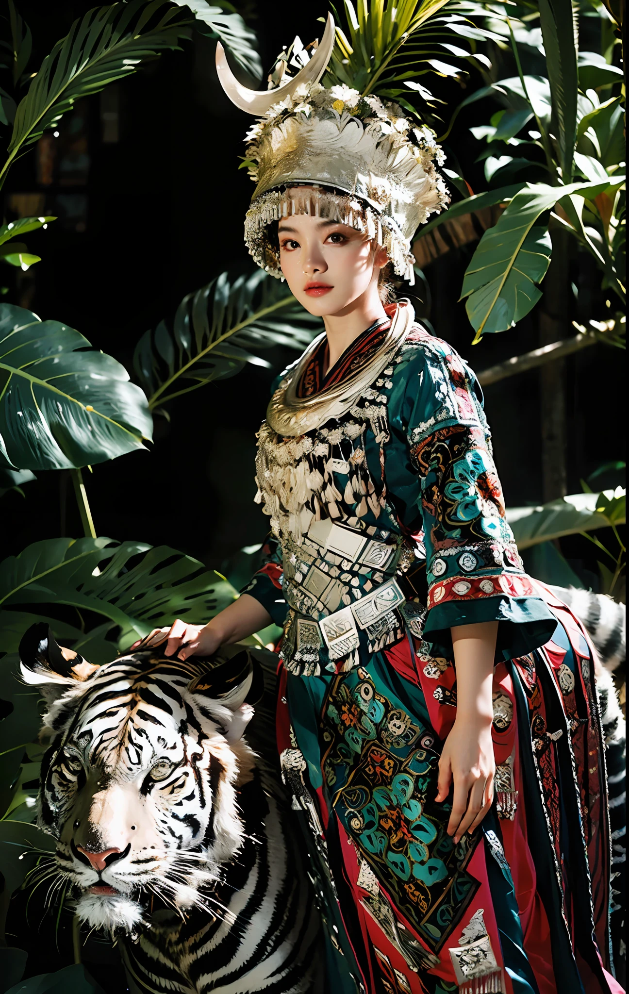RAW-Foto,ultra-realistisch,(Meisterwerk, 8k uhd, HDR, extremdetailliert, komplizierte Details, beste Qualität, Fachmann, lebendige Farben),

(1 Mädchen trägt Kostüm und reitet auf einem weißen Tiger im Dschungel),Reins,(Traditionelle Kopfbedeckung:1.2),

((Dschungelskalpell),Betrachter betrachten,holländischer Winkel,