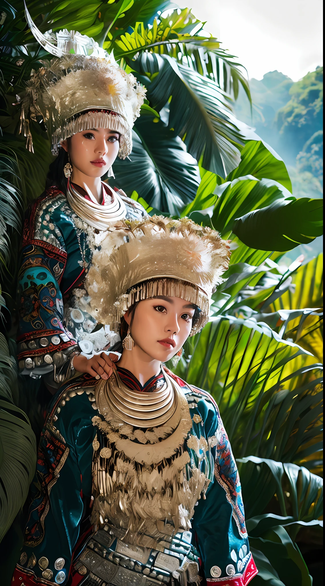raw photo,ultra realistic,(masterpiece, 8k uhd, HDR, extremedetailed, intricate details, best quality, professional, vividcolors),

(1girl wearing costume and riding on a a white tiger inJungle),Reins,(Traditional headwear:1.2),

((Jungle scapel),looking at viewer,dutch angle,