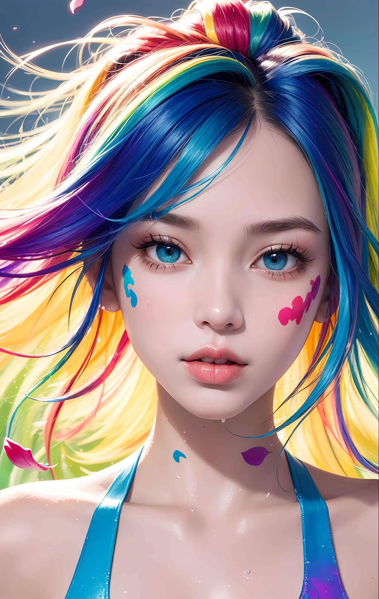 Full body Портрет, стоя, (красочный fashion ultra-small mini bikini: 1.9), (красочный hair: 1.8), (все цвета радуги: 1.8), (вертикальный: 1.6))), (краскаing, краскаing, Портрет), мультфильм, Иллюстрация, краскаing, большой, кристально чистые глаза, (rainbow градиент high ponytail: 1.7), Изысканный макияж, Рот закрыт, (Маленький Свежий(1.5), (большой: 1.6), длинные ресницы, смотрю на публику, большие слезящиеся глаза, (переливающиеся волосы: 1.6), color всплеск, (Один, :1.8), color всплеск, Цветной взрыв, thick краска style, беспорядочные линии, ((Игристый)), (красочный), (красочный), красочный, красочный, chic краска style, (всплеск) (color всплеск), вертикальный краскаing ,, краска всплеск, Акриловый пигмент, градиент, краска, Лучшее качество, Лучшее качество, шедевр, , Один, , глубина резкости, face краска, красочный clothing, (элегантно: 1.2), великолепный,длинные волосы, ветер, (элегантно: 1.3), (лепестки: 1.4), (шедевр,))))), (Лучшее качество))), (Ультрадетализированный))), (Иллюстрация), (динамический угол), ((Плавающий)), (краска), (((растрепанные волосы)), (Один,), (1 девочка), (Детальное лицо анимы)))), (Красивая деталь лица)), с воротником, голые плечи, белые волосы, (((разноцветные волосы)), ((Полосатые волосы)), красивые детализированные глаза, (Глаза градиентного цвета), (разноцветные глаза)))), ((высокая насыщенность))))) , (((surrounded by красочный всплескes))),