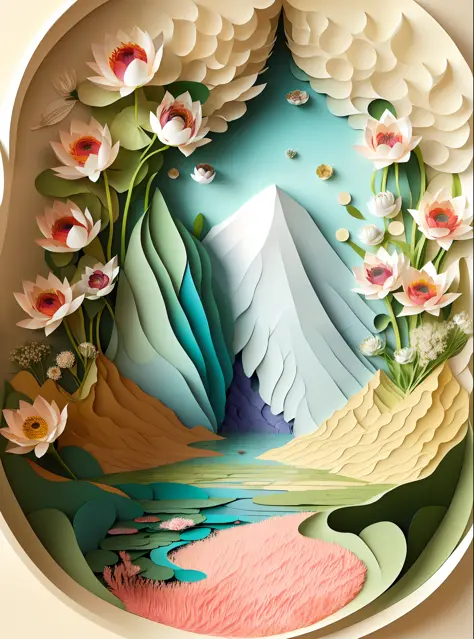 Natural and organic depictions of vast landscapes, distant mountains and near waters, lotus blooming, featuring earth tones and botanical motifs, drawing on connections with nature and the environment, influenced by botanical illustrations or environmental art, created by artists such as Georgia O'Keeffe or Christo and Jeanne-Claude