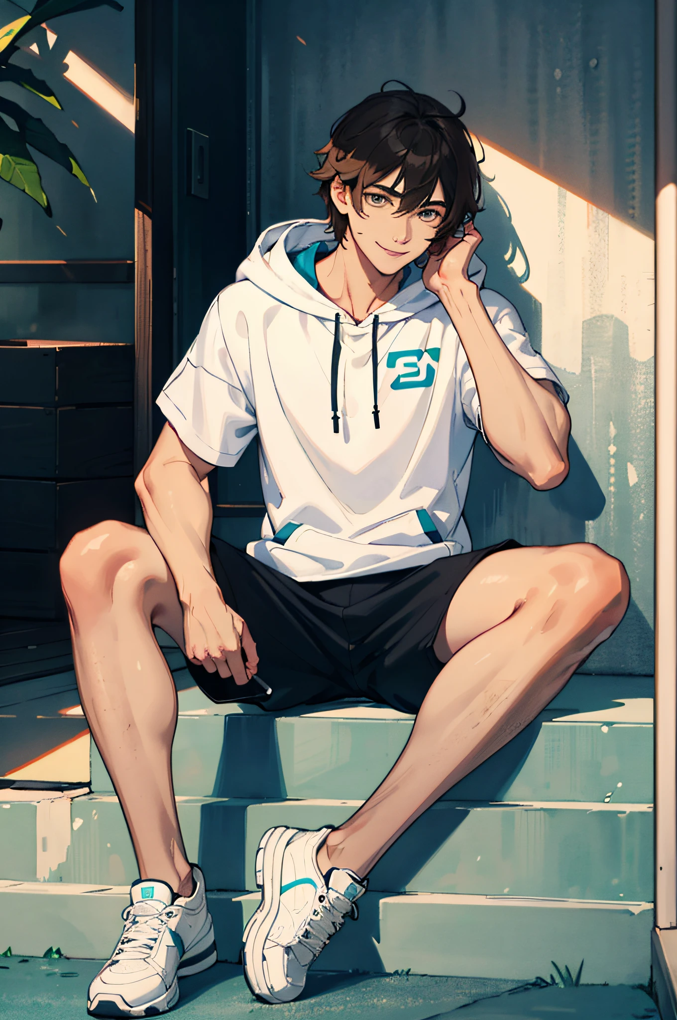 Anime boy sitting on steps with his feet on the ground - SeaArt AI