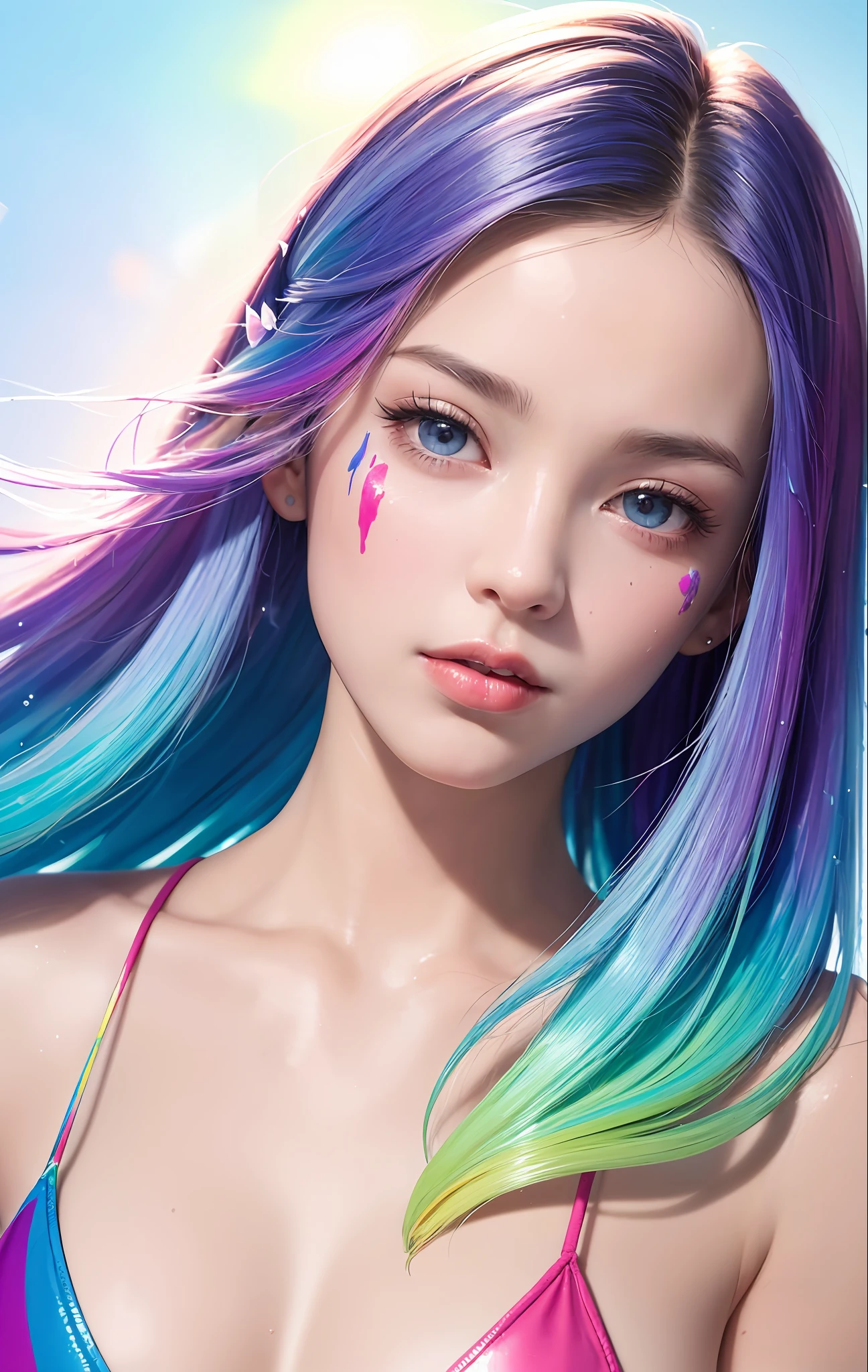 Full body portrait, standing, (colorful fashion ultra-small mini bikini: 1.9), (colorful hair: 1.8), (all colors of the rainbow: 1.8), (vertical: 1.6))), (painting, painting, portrait), cartoon, illustration, painting, large, crystal clear eyes, (rainbow gradient high ponytail: 1.7), exquisite makeup, mouth closed, (small fresh(1.5), (Big: 1.6), long eyelashes, looking at the audience, big watery eyes, (iridescent hair: 1.6), color splash, (solo, :1.8), color splash, color explosion, thick paint style, messy lines, ((sparkling)), (colorful), (colorful), colorful, colorful, chic paint style, (splash) (color splash), vertical painting ,, Paint splash, acrylic pigment, gradient, paint, best quality, best quality, masterpiece, , solo, , depth of field, face paint, colorful clothing, (elegantly: 1.2), gorgeous,long hair, wind, (elegantly: 1.3), (petals: 1.4), (Masterpiece,))))), (Best Quality))), (Ultra detailed))), (Illustration), (Dynamic Angle), ((Floating)), (Paint), (((disheveled hair)), (Solo,), (1 girl), (Detail anima face)))), (Beautiful Detail Face)), Collared, Bare shoulders, White hair, (((Colorful hair)), ((Striped hair)), Beautiful detailed eyes, (Gradient colored eyes), (Colorful eyes)))), ((High Saturation))))) , (((surrounded by colorful splashes))),