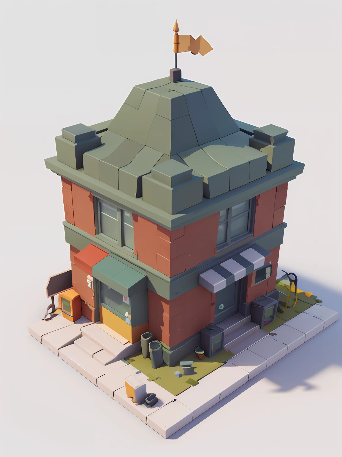 Representación isométrica 3D de un pequeño, edificio de baja poli en un bloque cuadrado, sin antecedentes, Fondo blanco