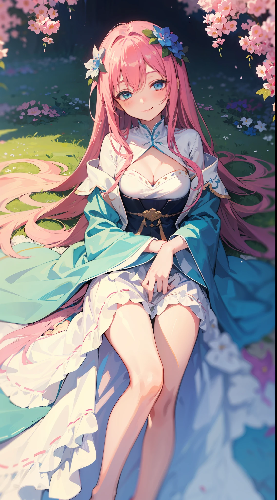 1loli, pink long hair with flowery decoration, sharp cyan eyes, wear white royal saintess robes, she close one her eyes with harm smile and very beautiful like an angel, amazing flower garden scenery, lay down on the ground full of flower