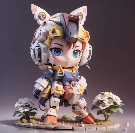 a close up of a toy figure of a cat with a gun, anime robotic mixed with organic, highly detailed and colored, rendered in redsh...