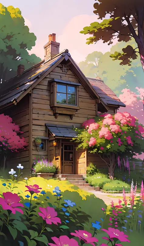 ((masterpiece)),((best quality)),((high detial)) painting of a house in a garden with flowers and trees, flowery cottage, cottag...