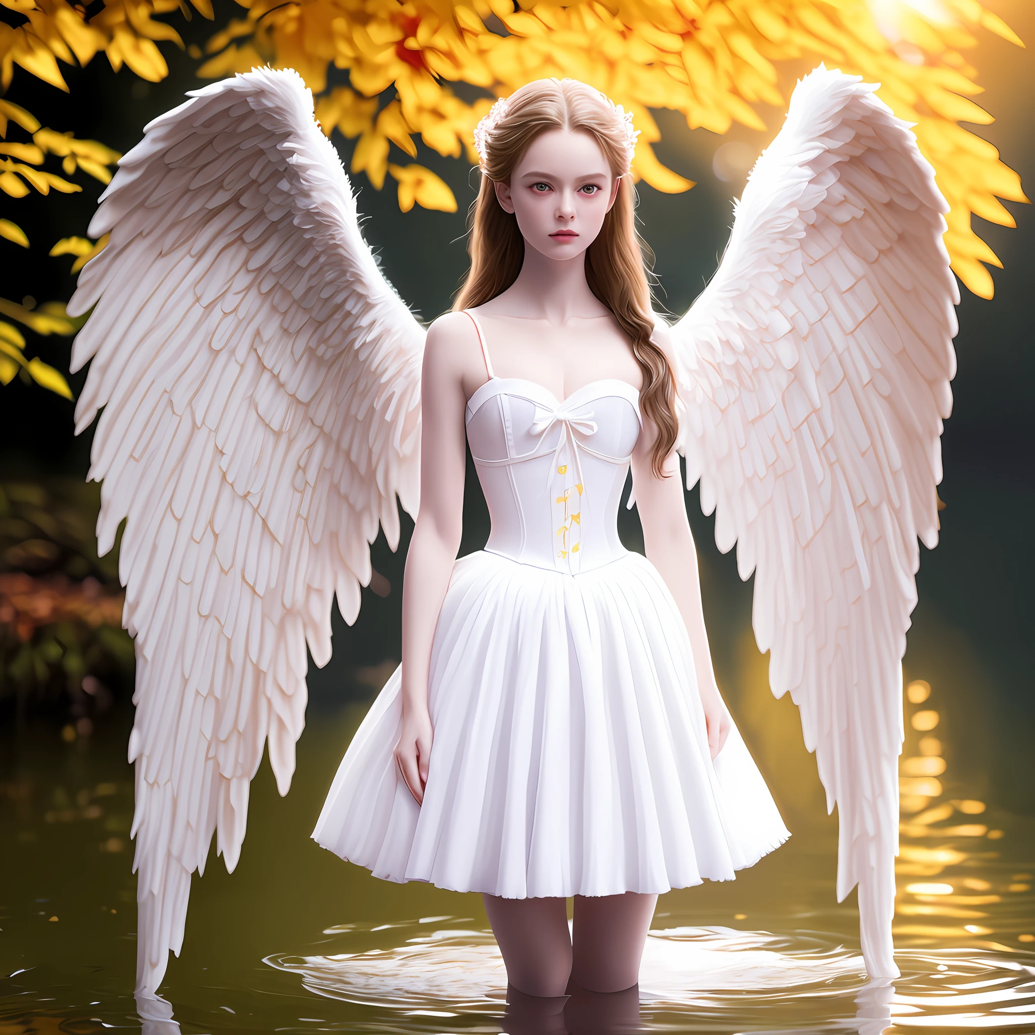 (8k, RAW photo, best quality, ultra detailed CG ,unity 8k wallpaper,masterpiece:1.2), a girl, 3d, ultra beautiful detailed eyes, Precise iris depiction,ultra-detailed, photo (Fall Angel style: 1) Digital painting of a white silk corset and a ballerina skirt standing in the water (Charming Angel: 1)