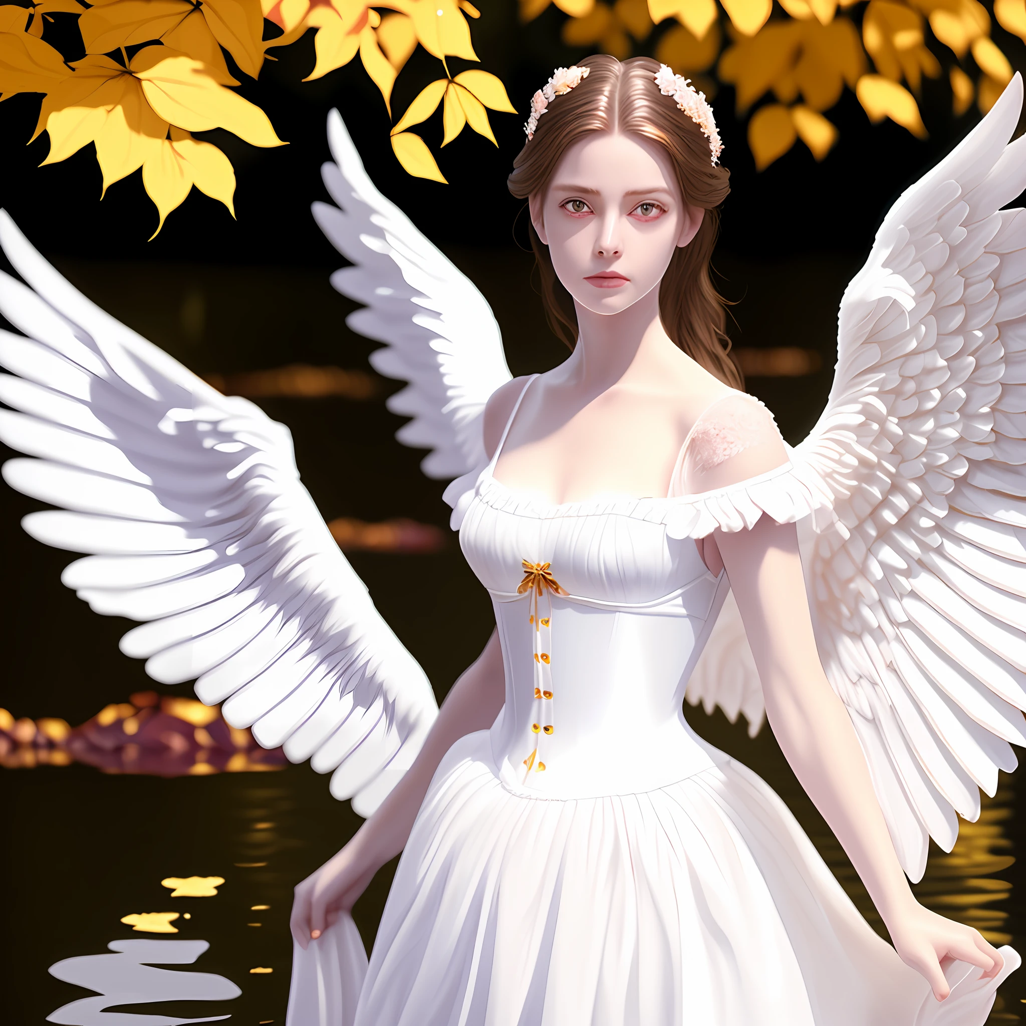 (8k, RAW photo, best quality, ultra detailed CG ,unity 8k wallpaper,masterpiece:1.2), a girl, 3d, ultra beautiful detailed eyes, Precise iris depiction,ultra-detailed, photo (Fall Angel style: 1) Digital painting of a white silk corset and a ballerina skirt standing in the water (Charming Angel: 1)