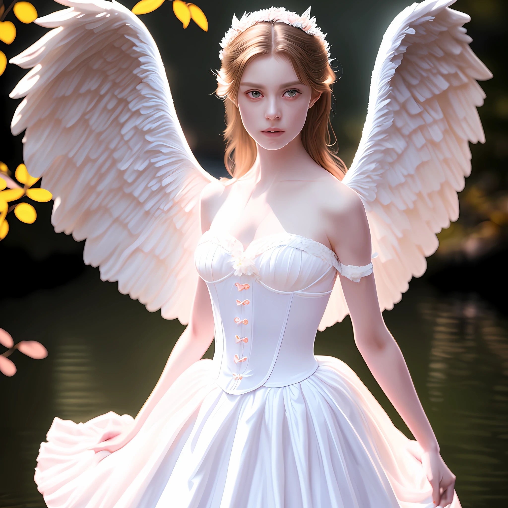 (8k, RAW photo, best quality, ultra detailed CG ,unity 8k wallpaper,masterpiece:1.2), a girl, 3d, ultra beautiful detailed eyes, Precise iris depiction,ultra-detailed, photo (Fall Angel style: 1) Digital painting of a white silk corset and a ballerina skirt standing in the water (Charming Angel: 1)