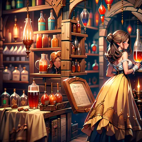 beautiful ginger women in detailed dress at cozy detailed potions shop, air above hair, ipa award wining, masterpiece, best ligh...