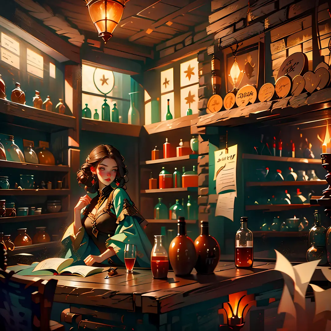 beautiful ginger women in detailed dress at cozy detailed potions shop, air above hair, IPA award wining, masterpiece, best ligh...