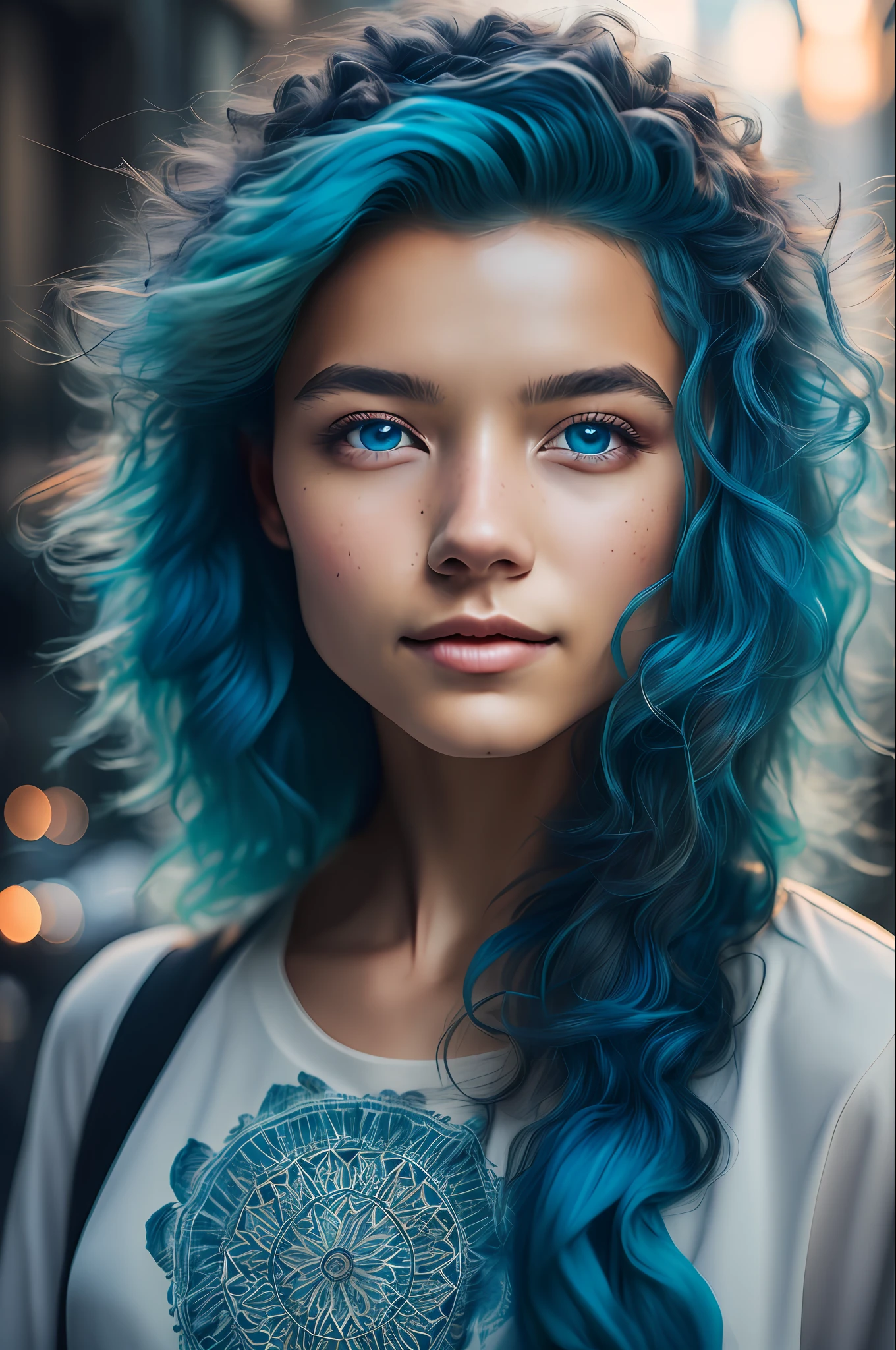 (masterpiece, best quality, ultra-detailed, highres, best illustration),perfect face, ((solo, solo focus)),sidelighting, lustrous skin,(bloom), (shine), ray tracing,solo,solo, 1girl, girl focus, solo, facial hair,  blue hair, blue eyes , long hair, closed mouth,shirt, portrait, upper body, wild hair, fluffy hair, wind swept hair,,depth_of_field,very detailed background,extreme light and shadow,(detailed eyes), (beautiful) beautiful detailed eyes, perfect lighting , perfect anatomy, (zentangle, mandala, tangle, entangle), dynamic angle, wide shot, upper body, city scape, extreme light and shadow, depth of field, night sky