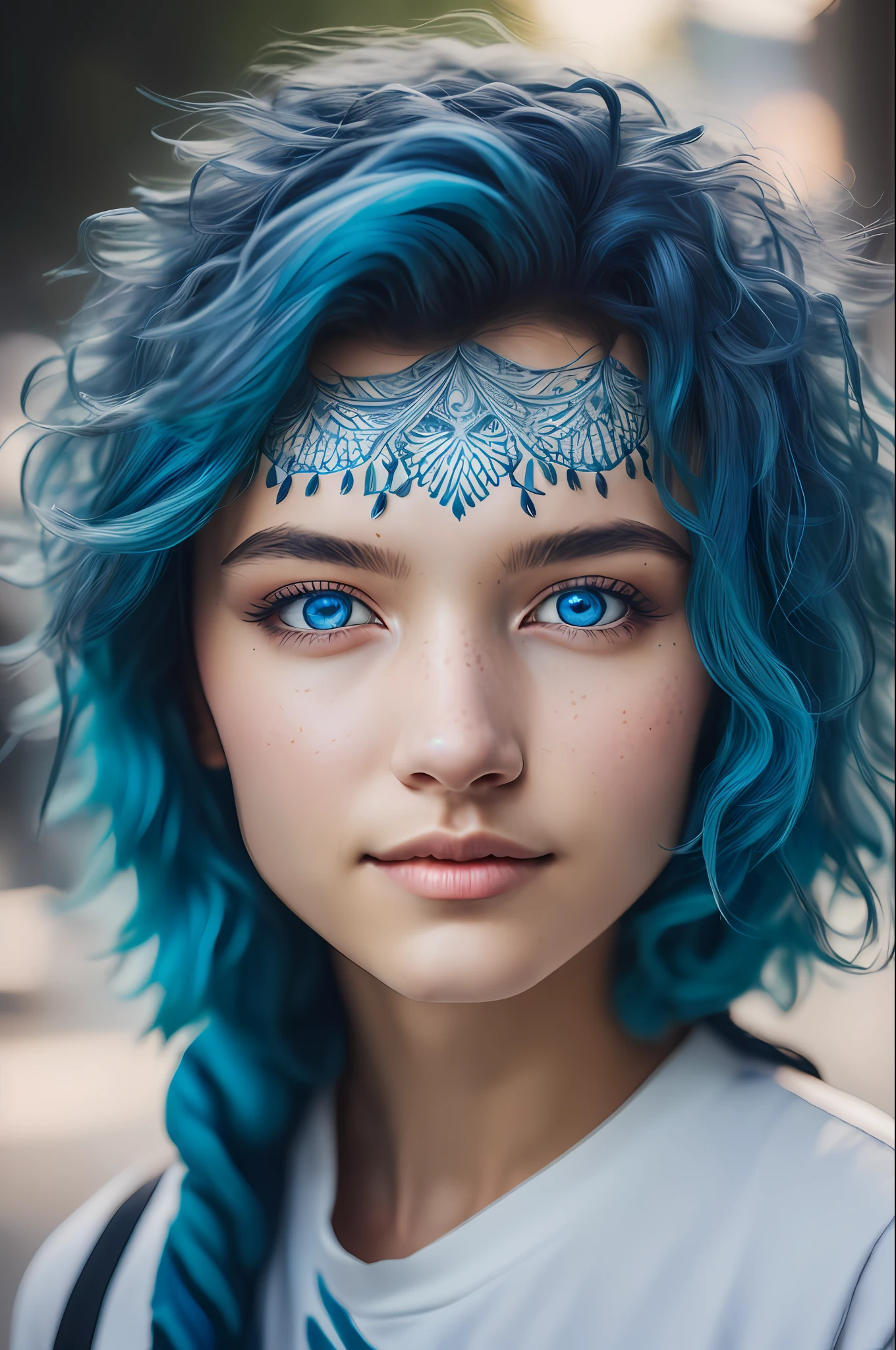 (masterpiece, best quality, ultra-detailed, highres, best illustration),perfect face, ((solo, solo focus)),sidelighting, lustrous skin,(bloom), (shine), ray tracing,solo,solo, 1girl, girl focus, solo, facial hair,  blue hair, blue eyes , long hair, closed mouth,shirt, portrait, upper body, wild hair, fluffy hair, wind swept hair,,depth_of_field,very detailed background,extreme light and shadow,(detailed eyes), (beautiful) beautiful detailed eyes, perfect lighting , perfect anatomy, (zentangle, mandala, tangle, entangle), dynamic angle, wide shot, upper body, city scape, extreme light and shadow, depth of field, night sky