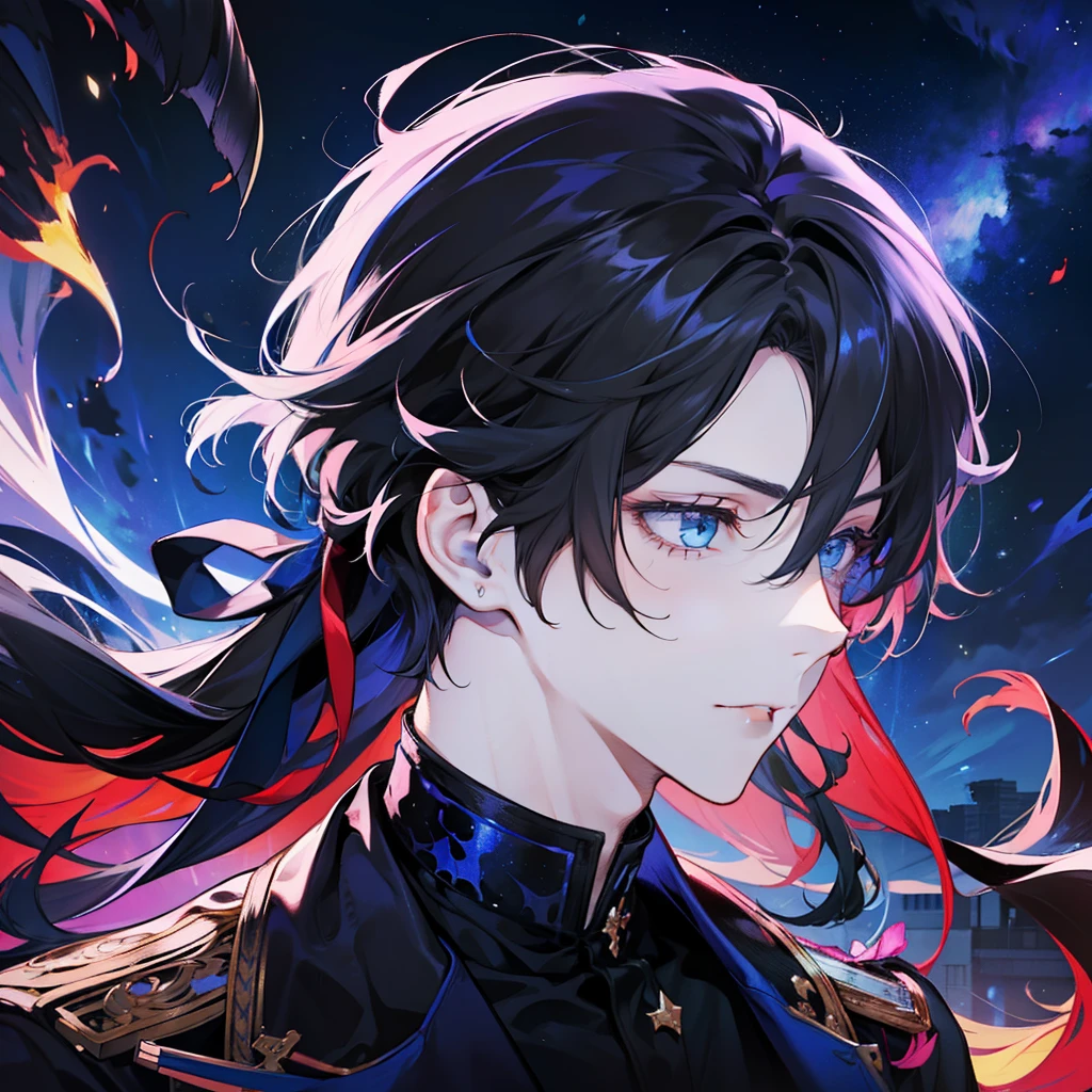 A boy, handsome, fair-skinned, resolute eyes, long flowing black hair, blue eyes, powerful, black dress, antique style, streamer surrounding, 8k, thunder, flame, colorful light, starry sky, cracked, milky way,