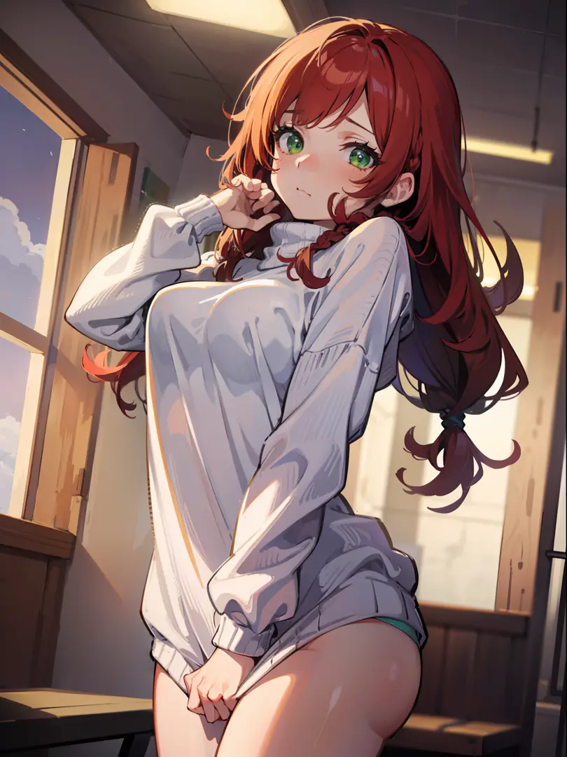 1girl, cute, loose sweater, sweater tug, no pants , sensual,red haired, defined curves,wind, wind lift,panties, intimate,modern, cozy, long hair braid, lewd, masterpiece, high details, intricate, traced lights, sensual, expressive eyes, embarassed, perfect...