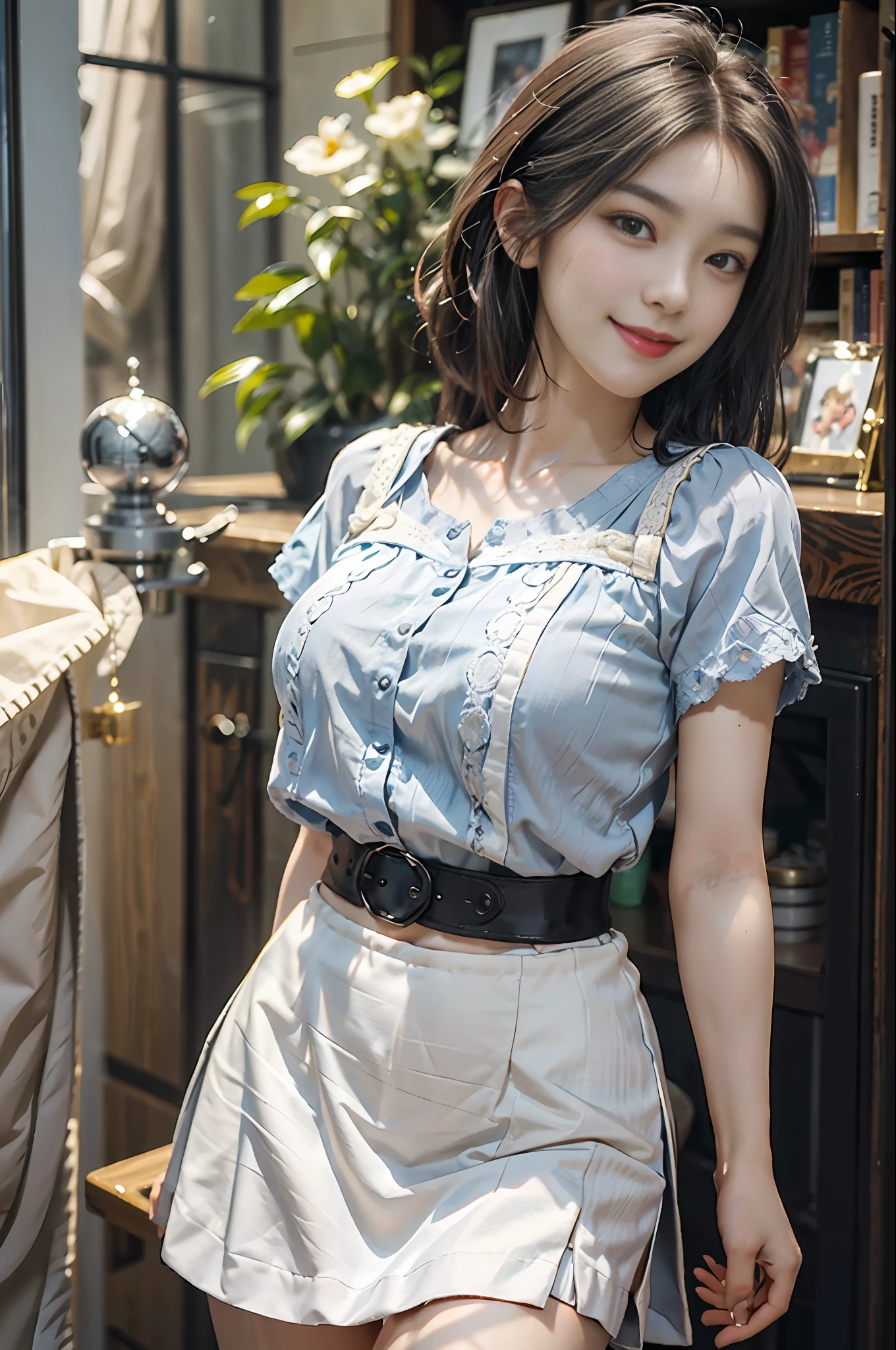 Masterpieces: 1.2, (Best Quality), Realistic, Beauty Li Zhi'en (IU) face (3.0) bust photo (real picture, intricate details, depth of field), light blue short-sleeved shirt shy pose (chest size 1.2) (smile) delicate facial features (1.8) (fair skin, delicate), dreamy aesthetic scene miniskirt thin waist