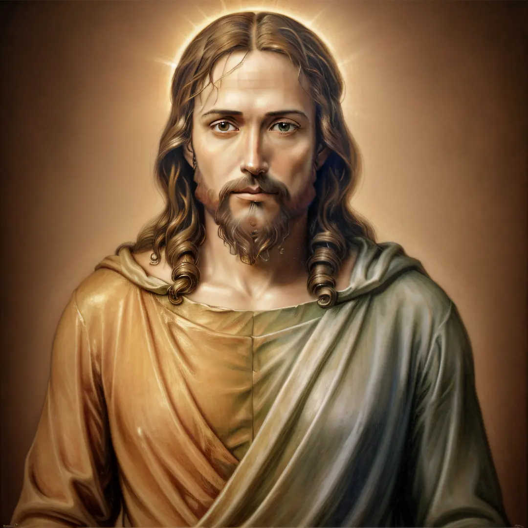 add_detail:1, realistic image of Jesus Christ, half the body, add_detail:light and distant from heaven above the head