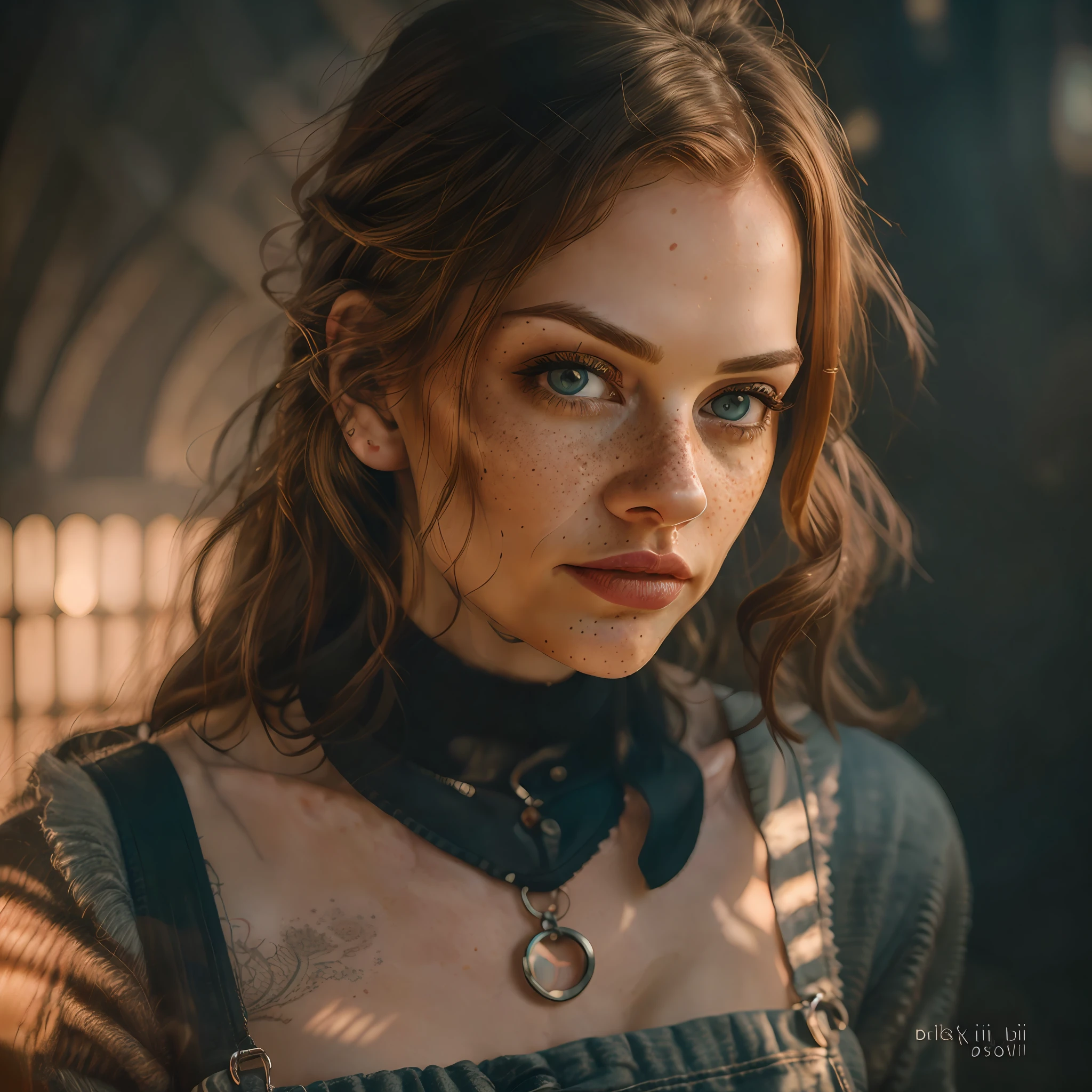 a professional portrait photo of a cute ginger woman, some freckles, Hasselblad award winner, omimoji, slate atmosphere, cinematic, dimmed colors, dark shot, muted colors, film grainy, lut, insane details, intricate details, hyperdetailed, twilight, wearing cute open overalls, glaring eyes,