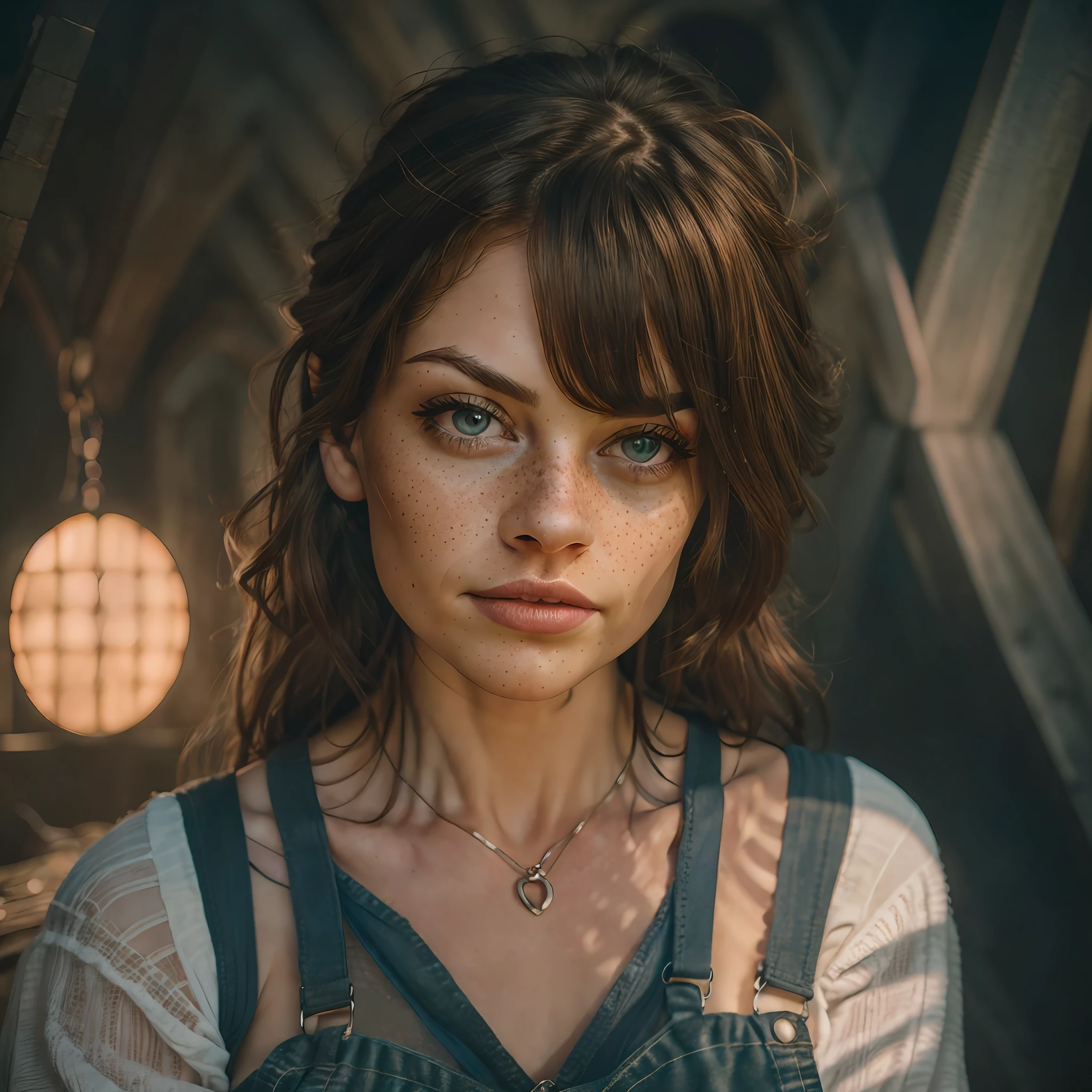 a professional portrait photo of a cute ginger woman, some freckles, Hasselblad award winner, omimoji, slate atmosphere, cinematic, dimmed colors, dark shot, muted colors, film grainy, lut, insane details, intricate details, hyperdetailed, twilight, wearing cute open overalls, glaring eyes,