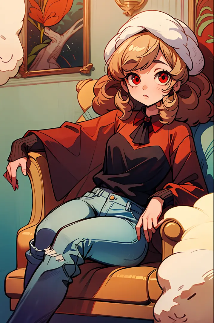 Girl sheep loli,curly hair,(wearing a wool blouse:1.4), ((red eyes):1.3),jeans, black boot, sexy pose, looking at the viewer, in...