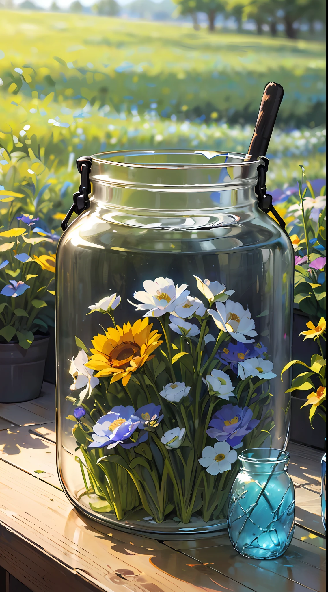 (empty glass container in jar shape with flower meadow inside:1.3) ,[(( 1girl:1.4) with white hair in blue dress is  sitting on flower meadow):0.3], masterpiece, best quality, highly detailed,Middle Little dickey,(cat looking at the jar:1.3)