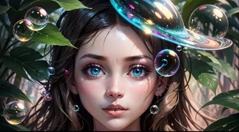 high quality, one girl, detailed face, clear hands, landscape background, tropic jungles, ((neon colorful soap bubbles))