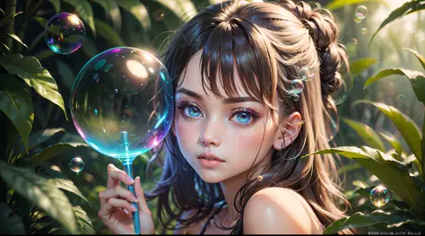 high quality, one girl, detailed face, clear hands, landscape background, tropic jungles, ((neon colorful soap bubbles))