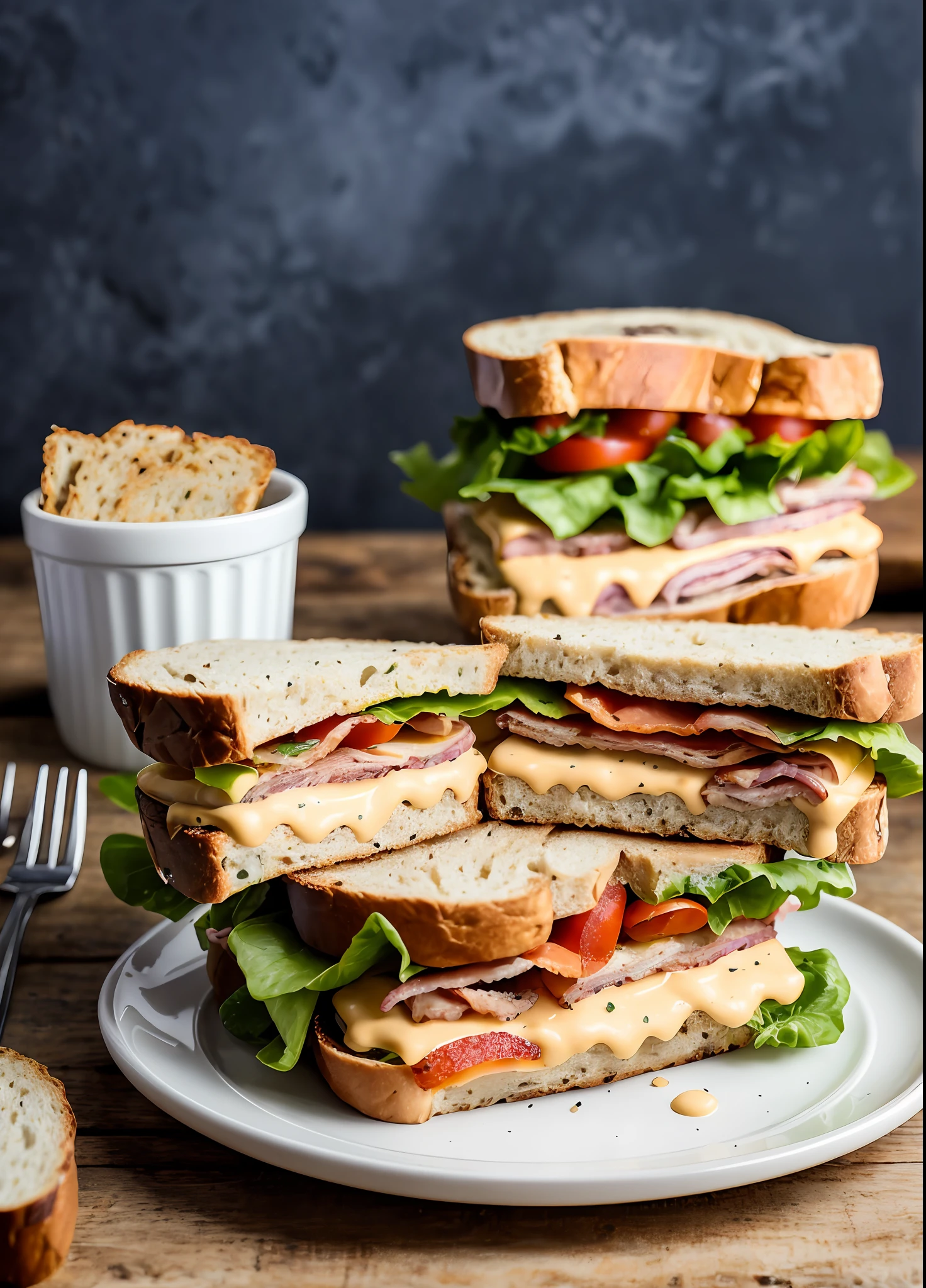 RAW photo of a BLT sandwich with extra bacon, (rustic diner background), seed bread, pepper jack cheese, (intricate details:1.12), (intricate details, hyperdetailed:1.15), photorealistic, ultra-realistic photo, 8k uhd, dslr, soft lighting, high quality, film grain, Fujifilm XT3, (masterpiece)